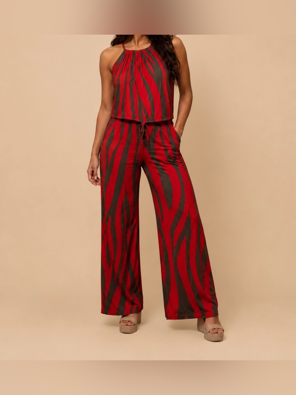 Escapada Red Grey Brown Zebra Abstract Print Halter Wide Leg Jumpsuit Size XS